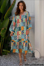 Sky Blue Mix Floral Checkered Pattern Bubble Sleeve Ruffle Hem Dress