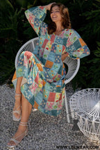 Sky Blue Mix Floral Checkered Pattern Bubble Sleeve Ruffle Hem Dress