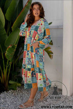 Sky Blue Mix Floral Checkered Pattern Bubble Sleeve Ruffle Hem Dress
