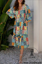 Sky Blue Mix Floral Checkered Pattern Bubble Sleeve Ruffle Hem Dress