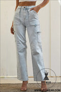 Sky blue multi pocketed y2k street fashion shift jeans - sky blue / 10 / 75% cotton + 24% polyester + 1% elastane