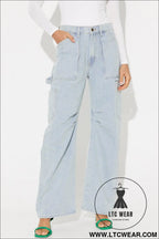 Sky blue multi pocketed y2k street fashion shift jeans - jeans