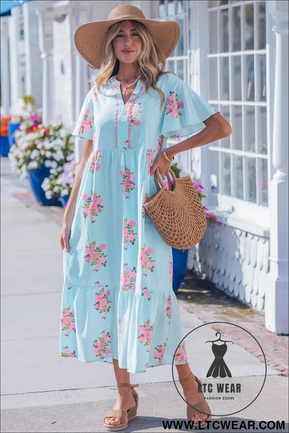 Sky Blue Notched Neck Flutter Short Sleeve Floral Print Maxi Dress - L.T.C Wear Online Fashion Store