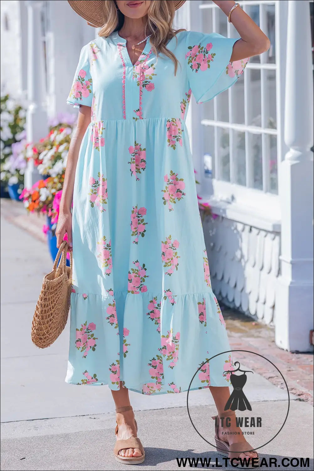 Sky Blue Notched Neck Flutter Short Sleeve Floral Print Maxi Dress - L.T.C Wear Online Fashion Store