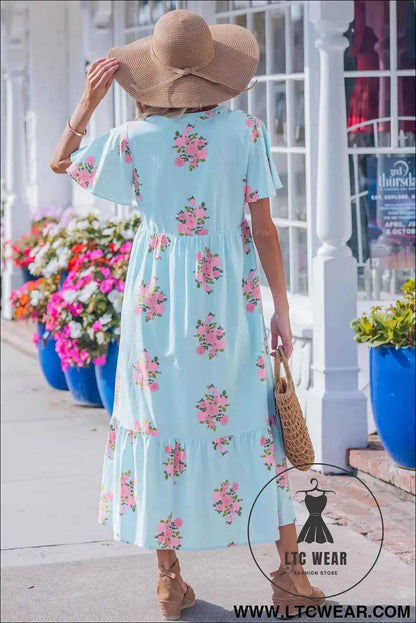 Sky Blue Notched Neck Flutter Short Sleeve Floral Print Maxi Dress