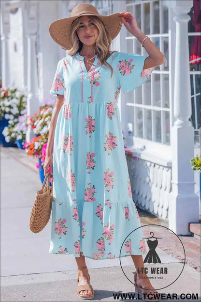 Sky Blue Notched Neck Flutter Short Sleeve Floral Print Maxi Dress