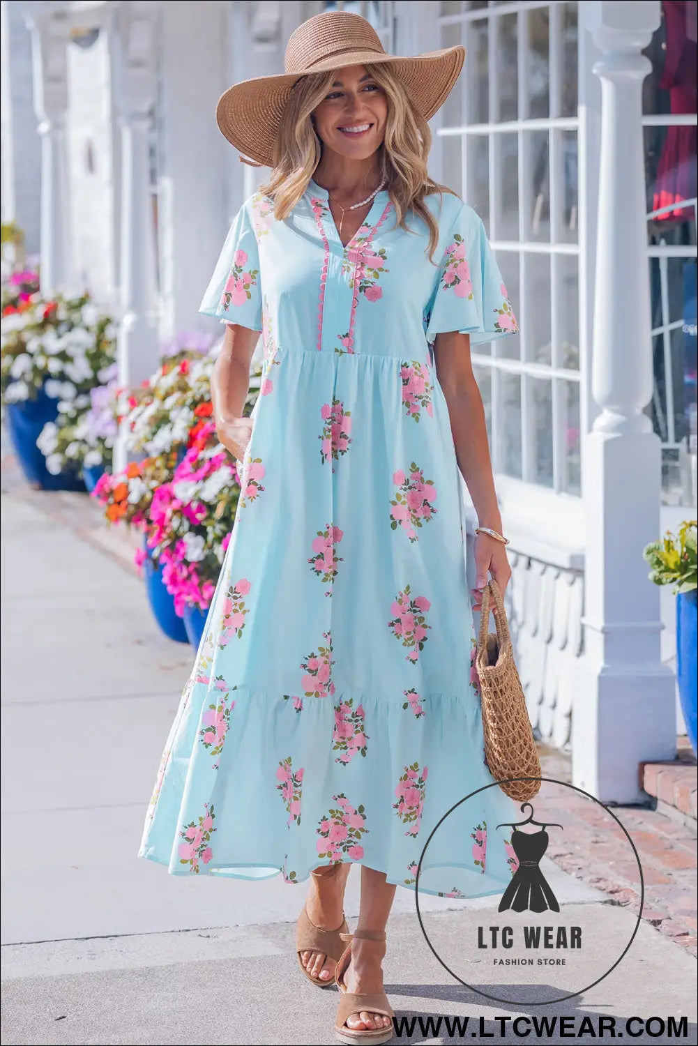 Sky Blue Notched Neck Flutter Short Sleeve Floral Print Maxi Dress - L.T.C Wear Online Fashion Store