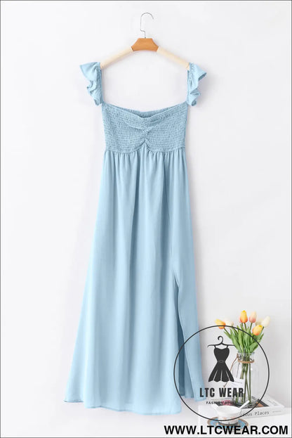 Sky blue off shoulder ruched bust sheer slit maxi dress - maxi dresses