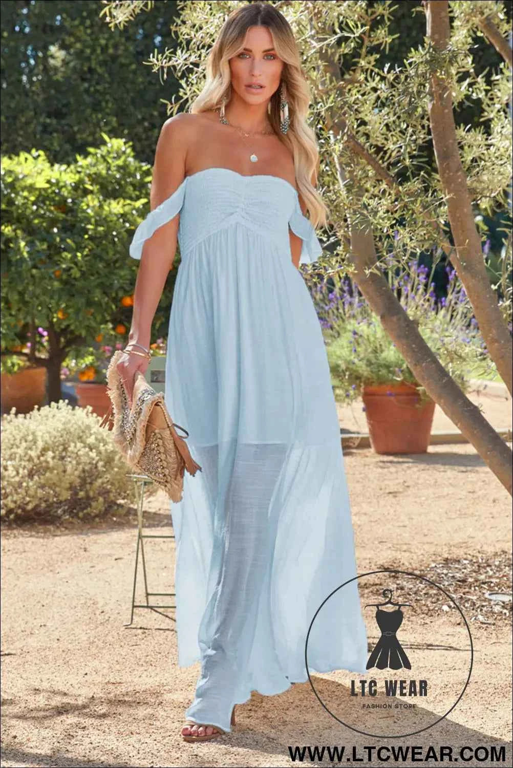 Sky Blue Off Shoulder Ruched Bust Sheer Slit Maxi Dress