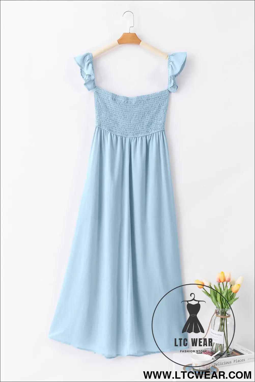 Sky blue off shoulder ruched bust sheer slit maxi dress - maxi dresses