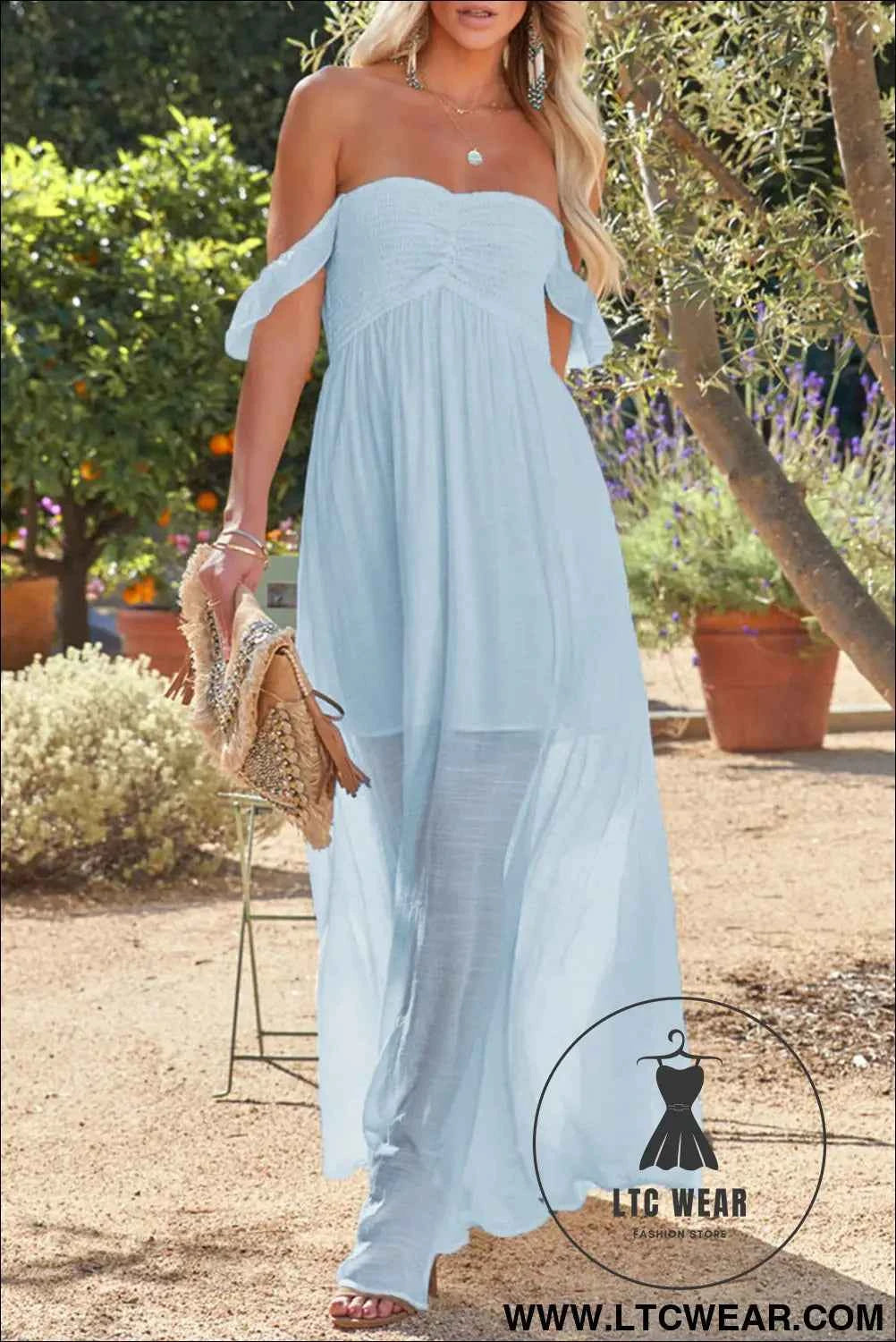 Sky Blue Off Shoulder Ruched Bust Sheer Slit Maxi Dress
