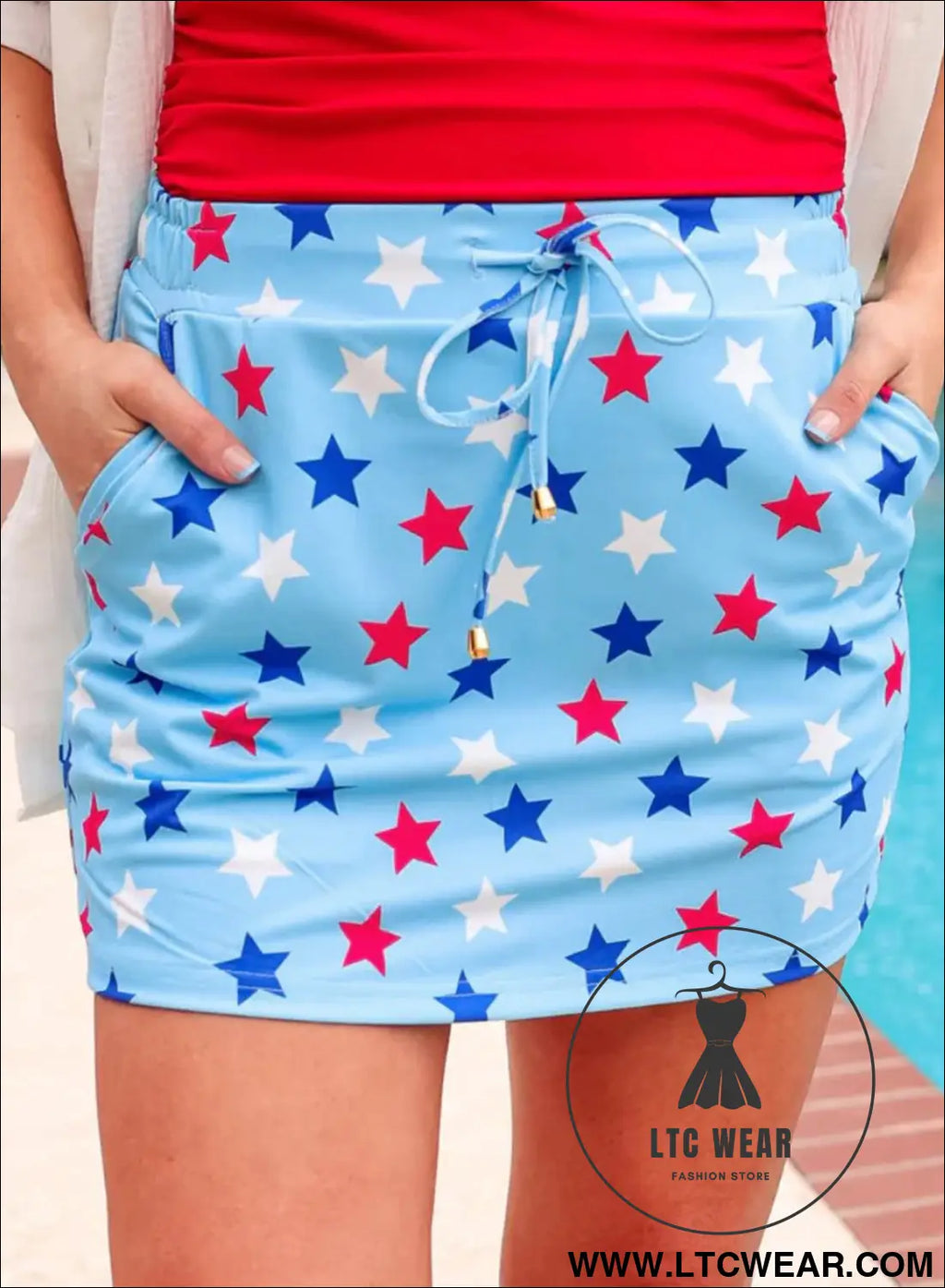 Sky blue patriotic star printed beaded drawstring mini skort - casual shorts