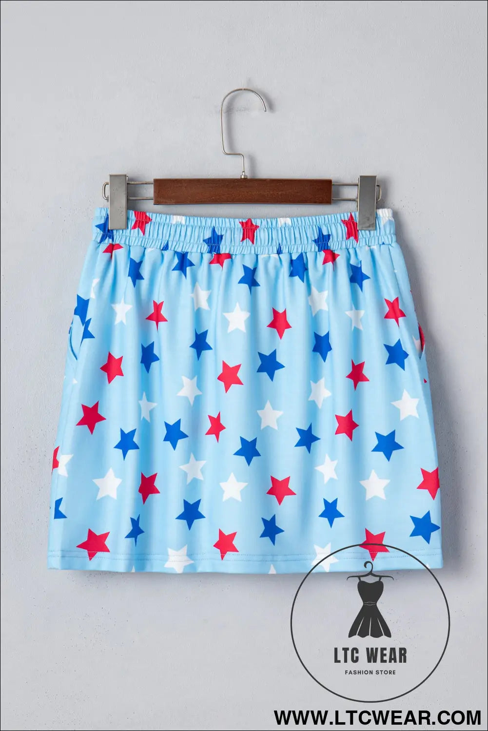Sky blue patriotic star printed beaded drawstring mini skort - casual shorts