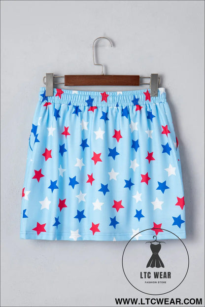 Sky blue patriotic star printed beaded drawstring mini skort - casual shorts