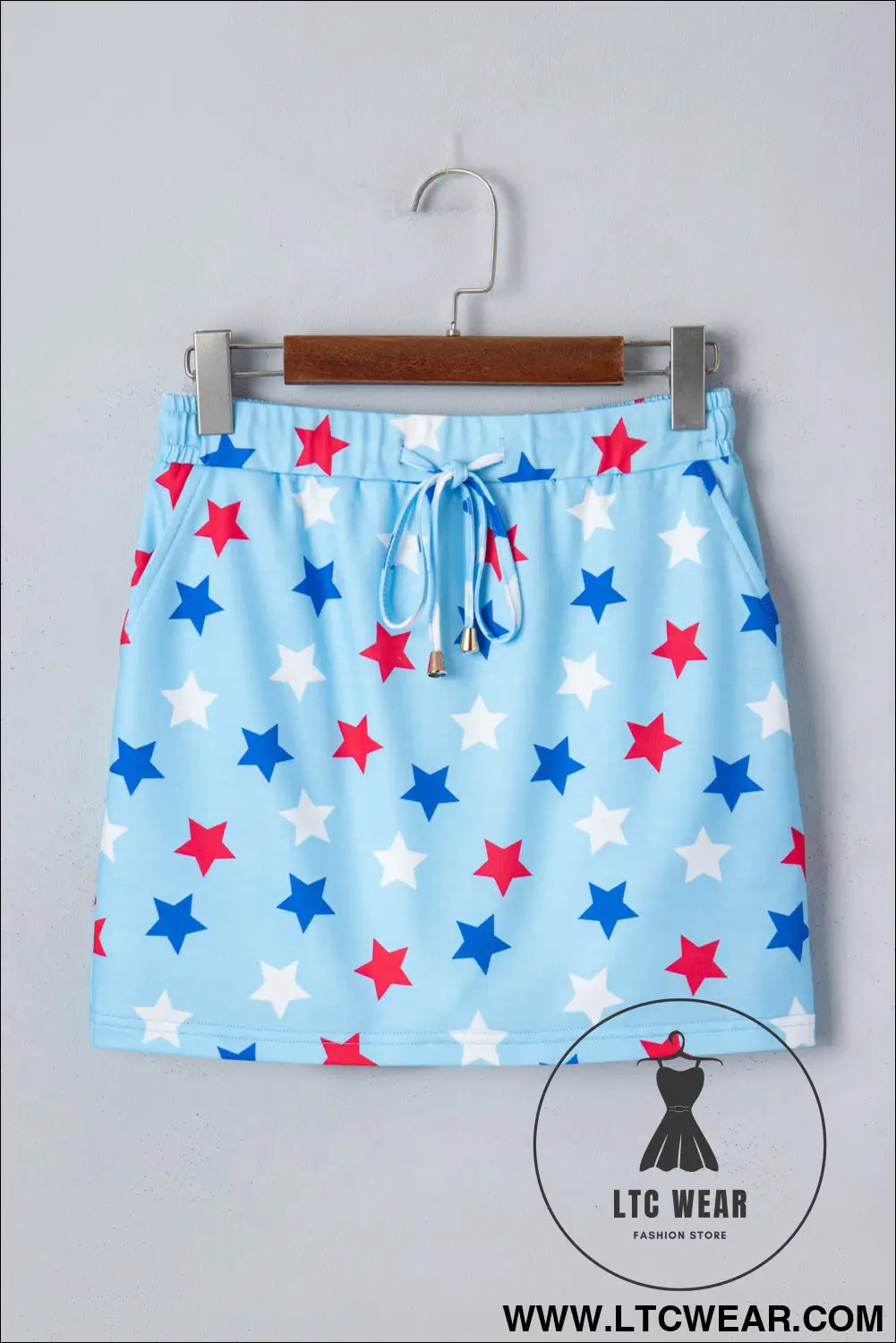 Sky blue patriotic star printed beaded drawstring mini skort - casual shorts