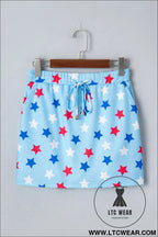 Sky blue patriotic star printed beaded drawstring mini skort - casual shorts