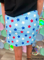 Sky blue patriotic star printed beaded drawstring mini skort - casual shorts