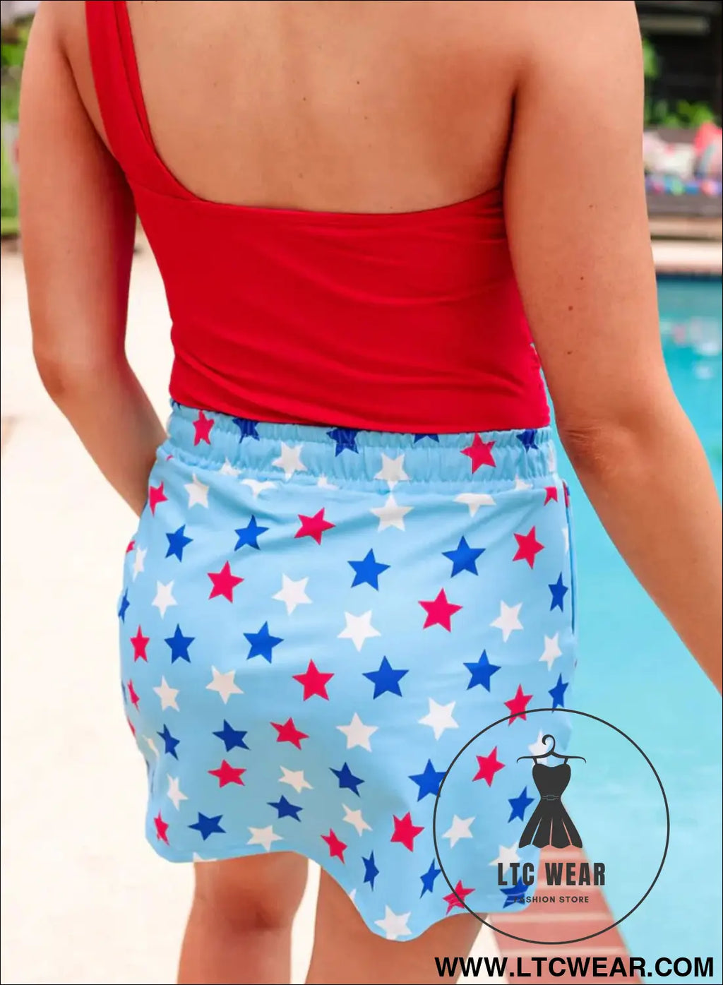 Sky blue patriotic star printed beaded drawstring mini skort - casual shorts