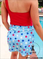 Sky blue patriotic star printed beaded drawstring mini skort - casual shorts