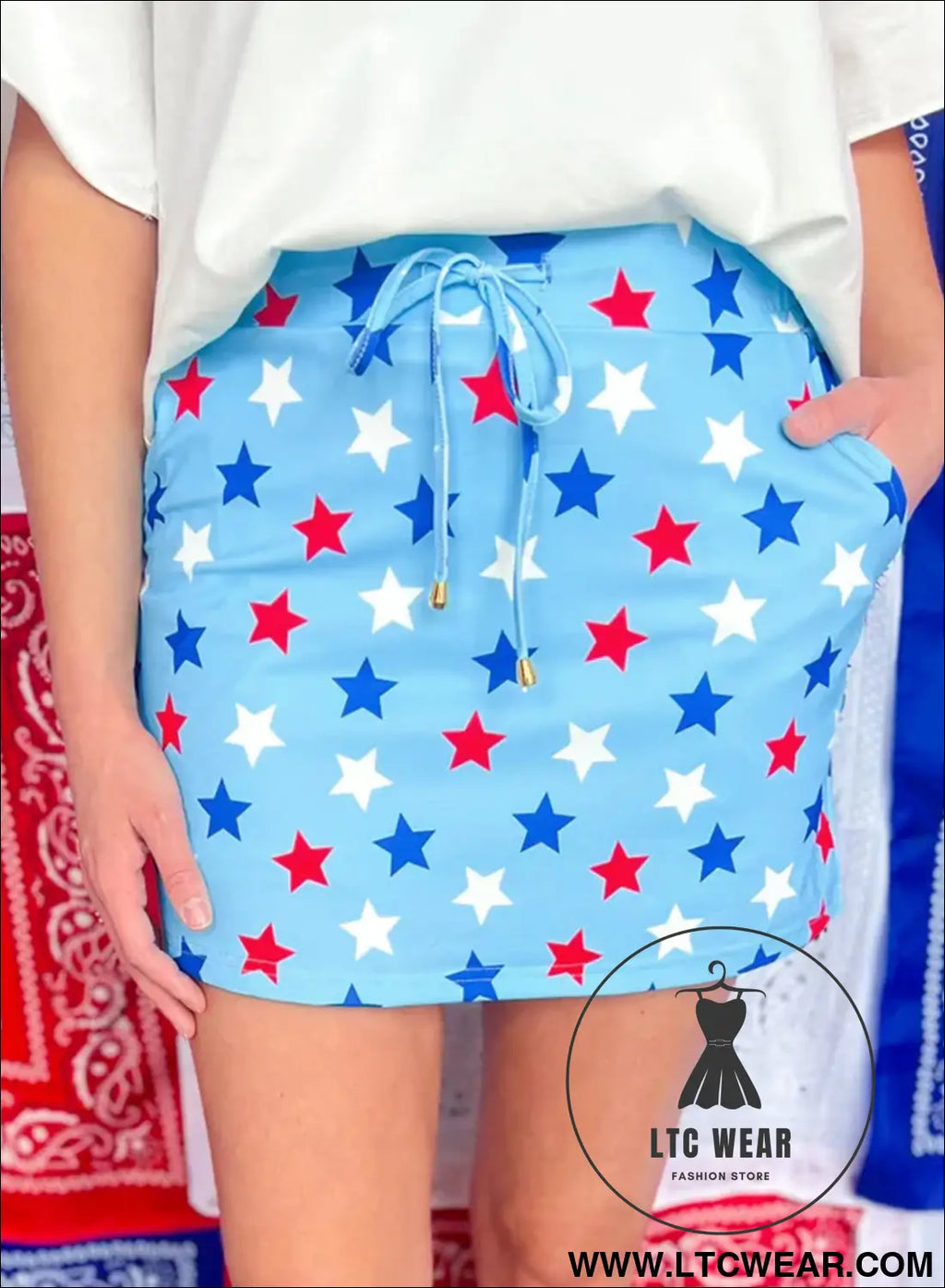 Sky blue patriotic star printed beaded drawstring mini skort - sky blue / l / 95% polyester + 5% elastane - casual