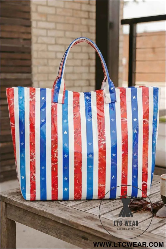 Sky Blue Patriotic Stars and Stripes Pattern Vinyl Glossy Tote Bag