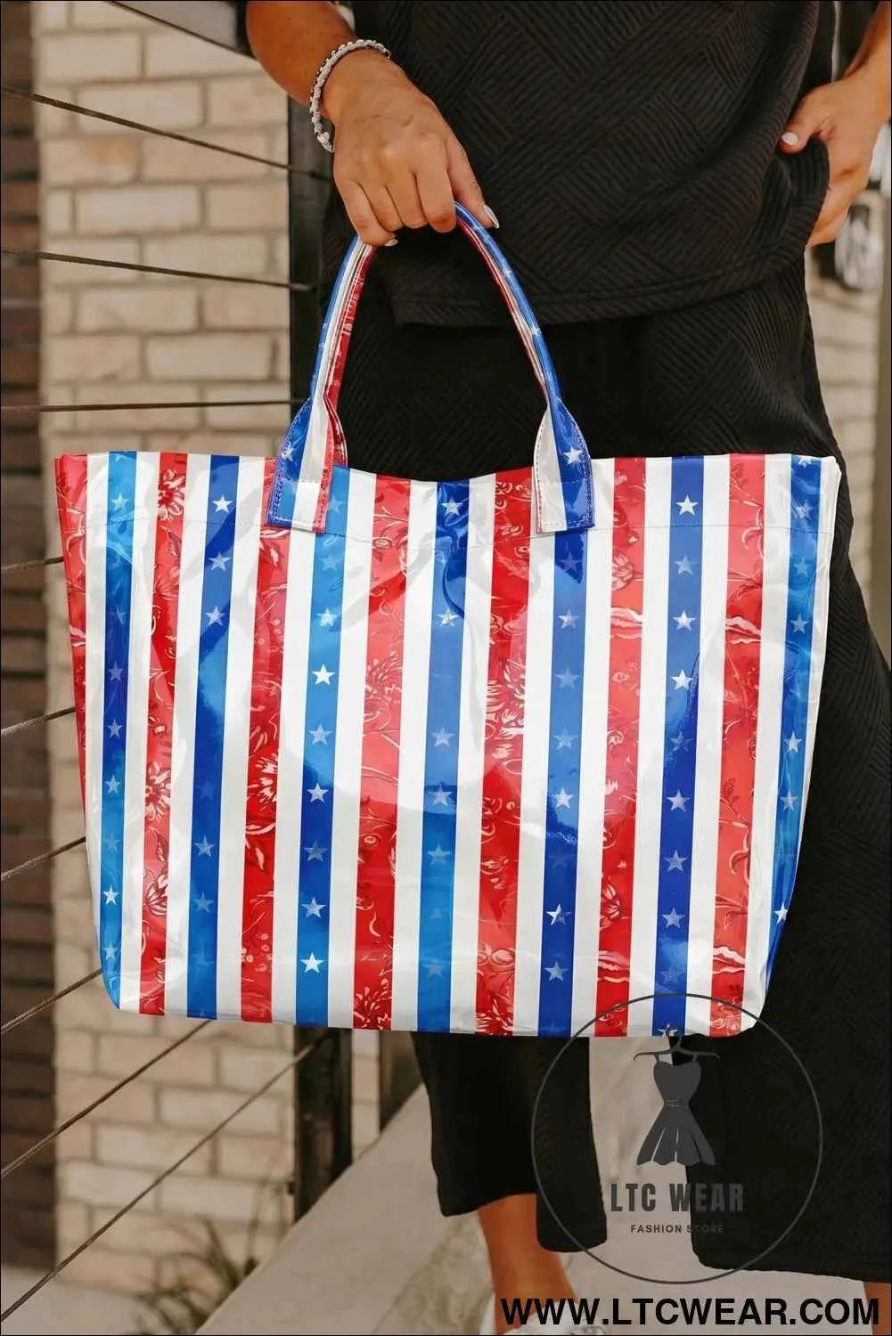Sky Blue Patriotic Stars and Stripes Pattern Vinyl Glossy Tote Bag