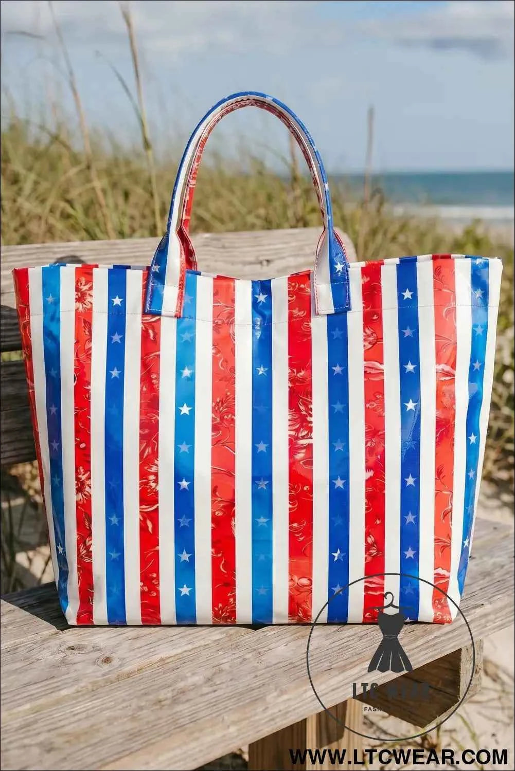 Sky Blue Patriotic Stars and Stripes Pattern Vinyl Glossy Tote Bag