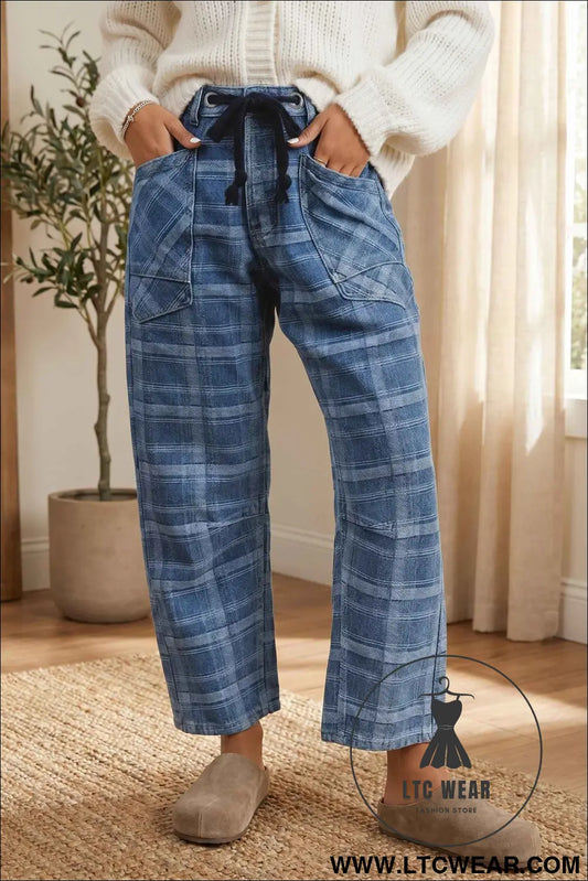 Sky Blue Plaid Denim Grommet Drawstring Waist Ankle-Length Jeans