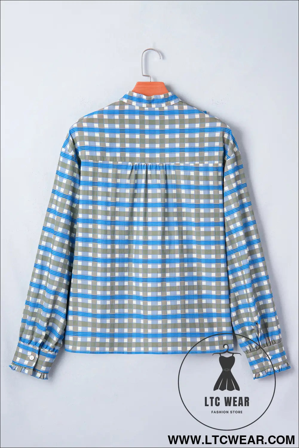 Sky blue plaid long sleeve frilled detail half button blouse - 30%