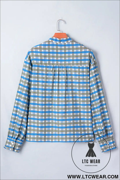 Sky blue plaid long sleeve frilled detail half button blouse - 30%