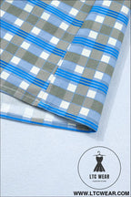 Sky blue plaid long sleeve frilled detail half button blouse - 30%