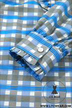 Sky blue plaid long sleeve frilled detail half button blouse - 30%