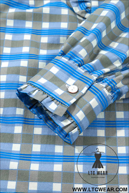 Sky blue plaid long sleeve frilled detail half button blouse - 30%