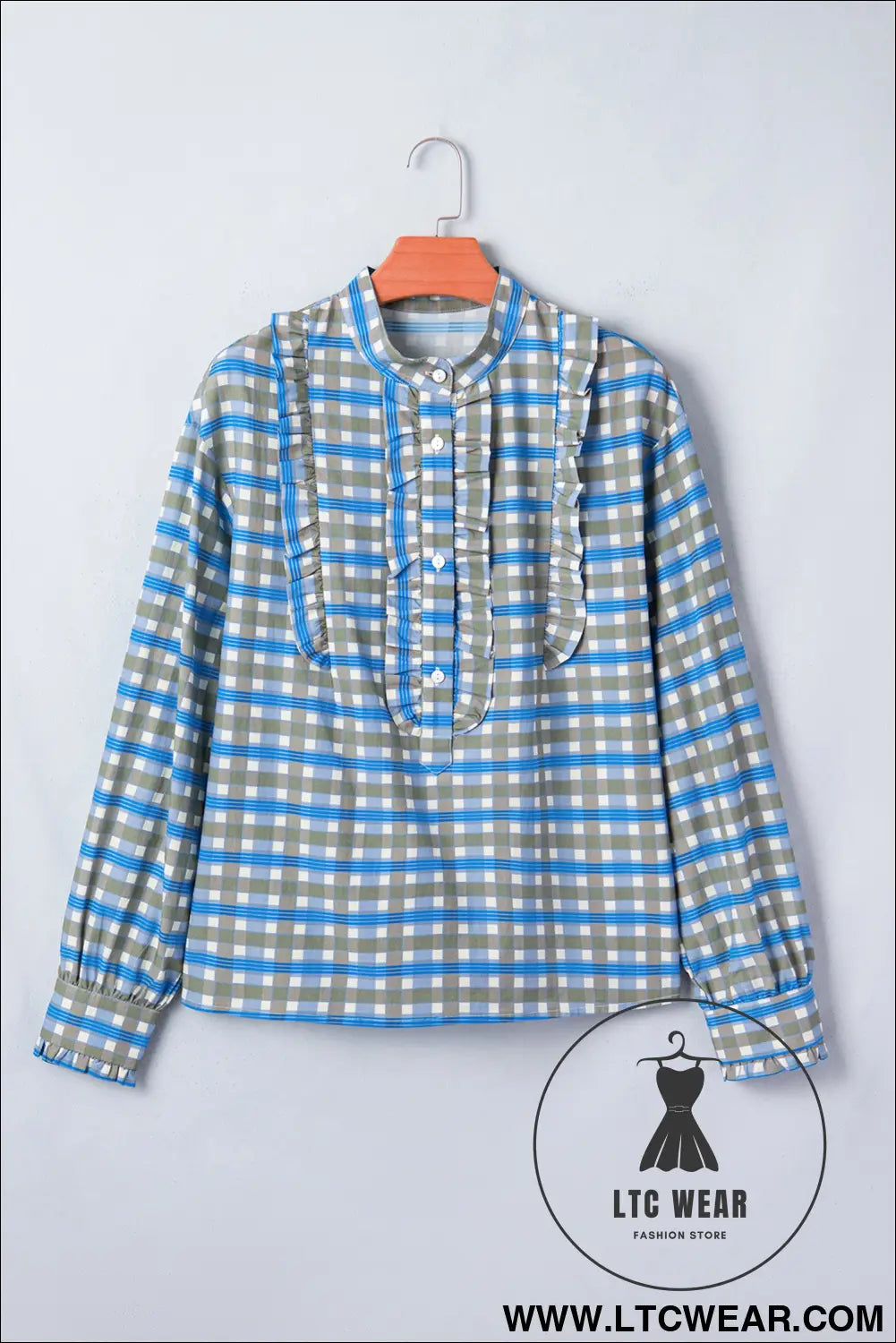 Sky blue plaid long sleeve frilled detail half button blouse - 30%