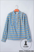 Sky blue plaid long sleeve frilled detail half button blouse - 30%