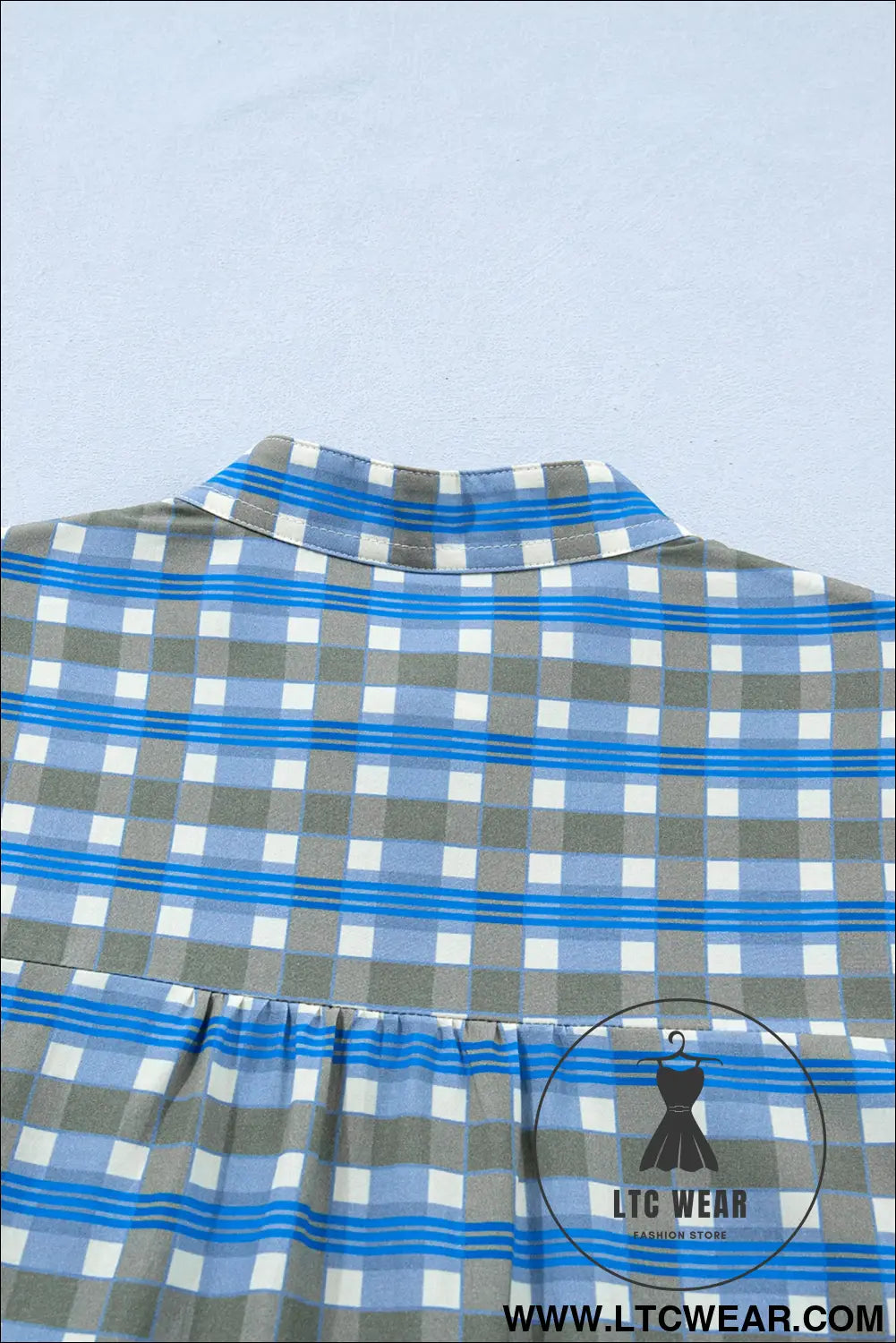 Sky blue plaid long sleeve frilled detail half button blouse - 30%
