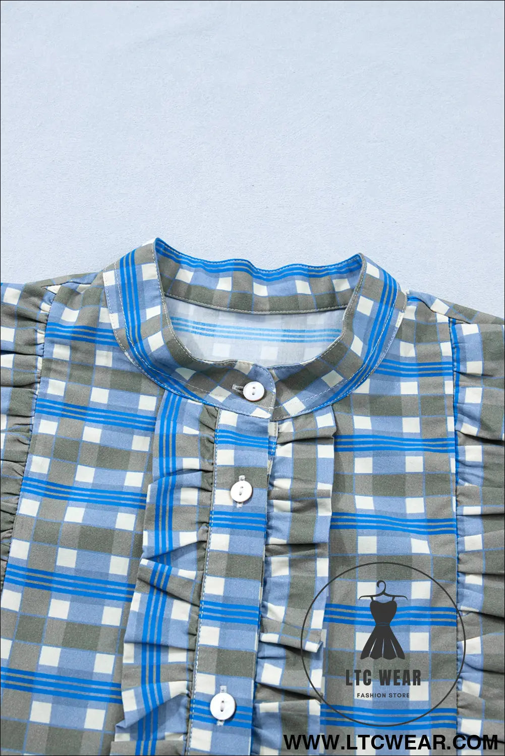 Sky blue plaid long sleeve frilled detail half button blouse - 30%