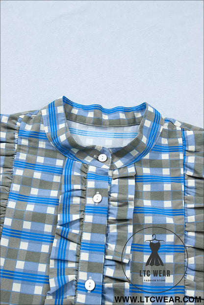 Sky blue plaid long sleeve frilled detail half button blouse - 30%