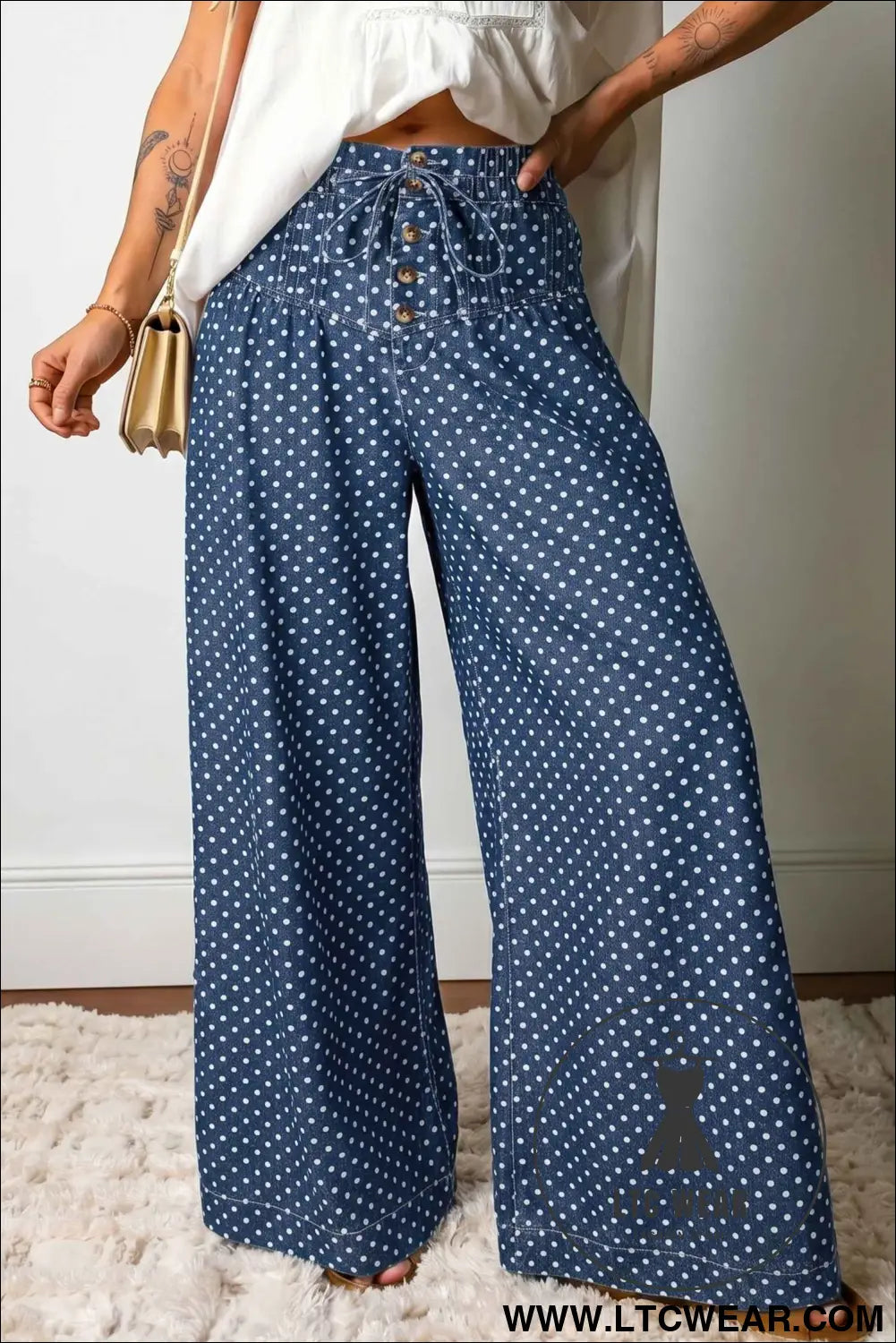 Sky Blue Polka Dot Print Button Pleated Detail Wide Leg Jeans