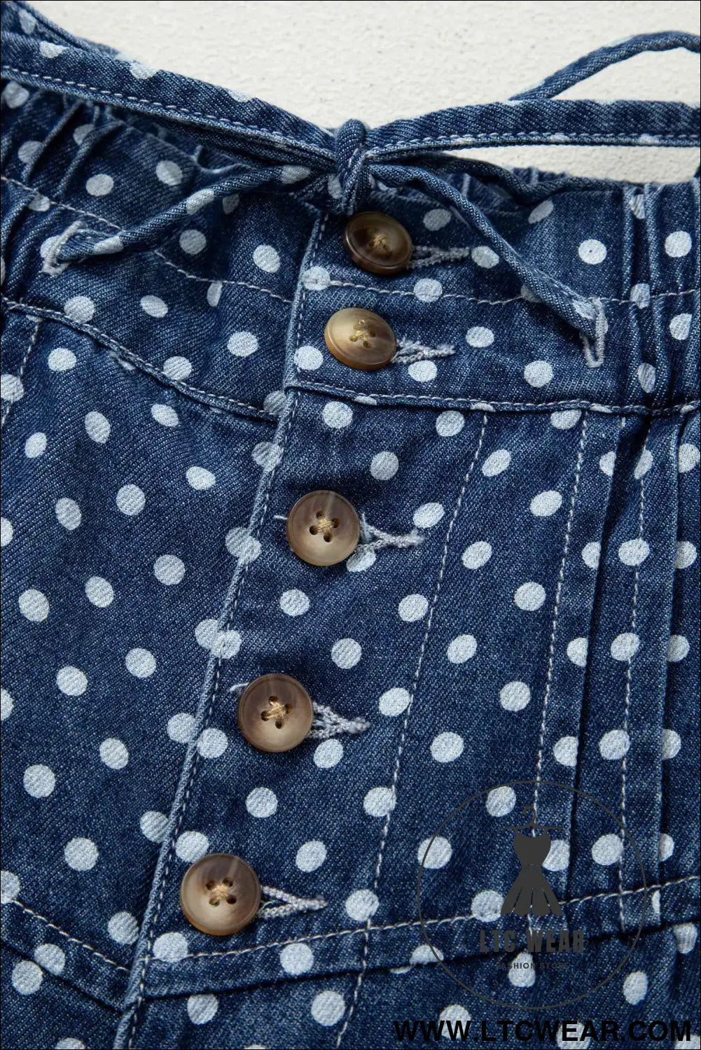 Sky Blue Polka Dot Print Button Pleated Detail Wide Leg Jeans