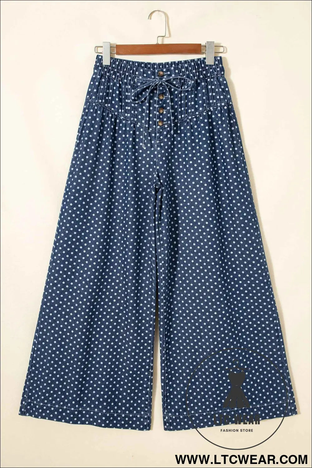 Sky Blue Polka Dot Print Button Pleated Detail Wide Leg Jeans