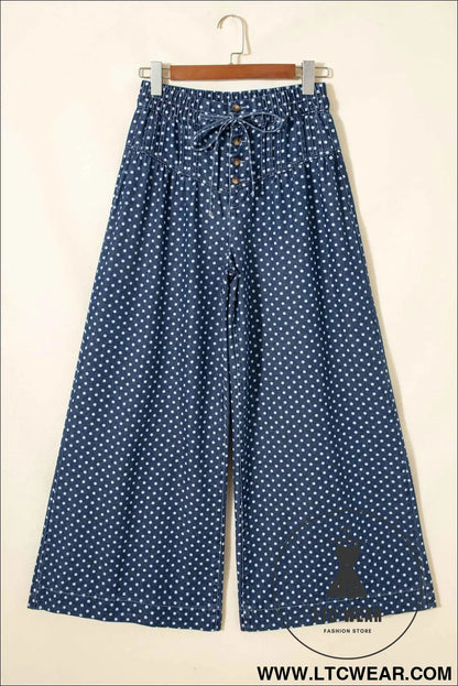 Sky Blue Polka Dot Print Button Pleated Detail Wide Leg Jeans