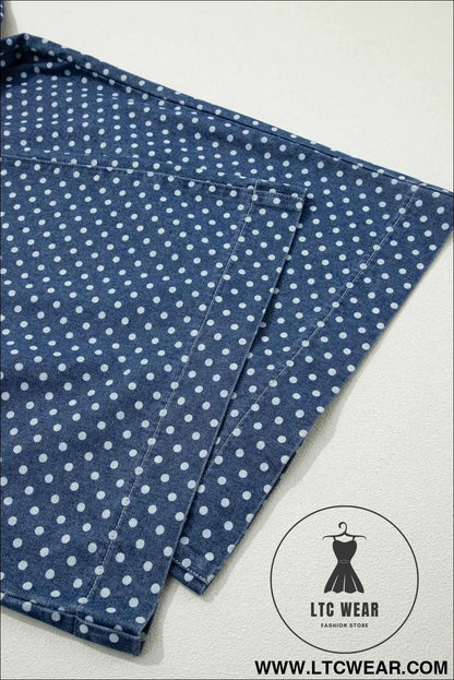 Sky Blue Polka Dot Print Button Pleated Detail Wide Leg Jeans