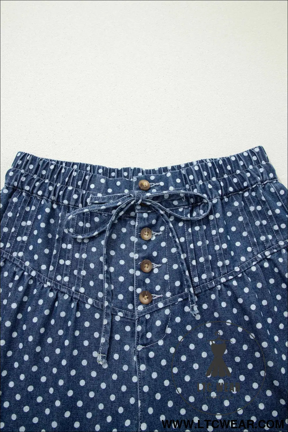 Sky Blue Polka Dot Print Button Pleated Detail Wide Leg Jeans