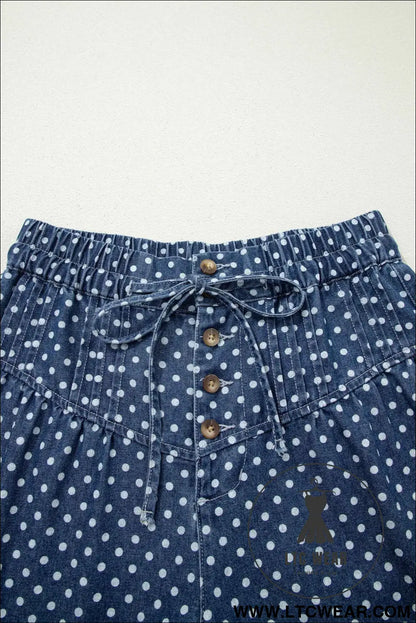 Sky Blue Polka Dot Print Button Pleated Detail Wide Leg Jeans