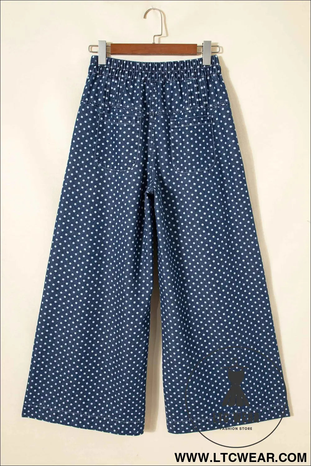 Sky Blue Polka Dot Print Button Pleated Detail Wide Leg Jeans
