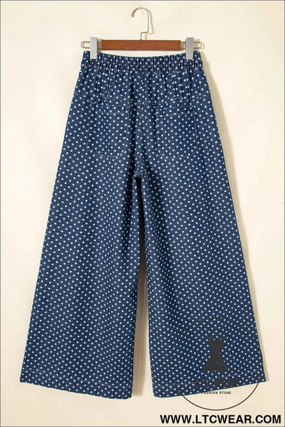 Sky Blue Polka Dot Print Button Pleated Detail Wide Leg Jeans