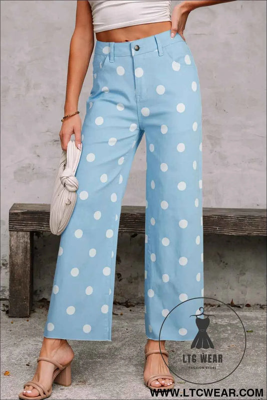 Sky Blue Polka Dot Print Raw Hem Shift Jeans