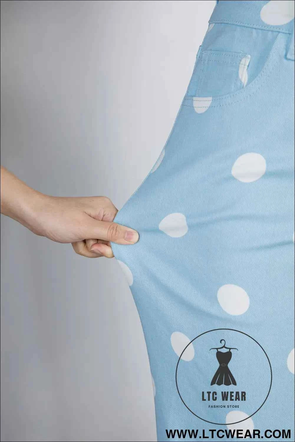 Sky Blue Polka Dot Print Raw Hem Shift Jeans