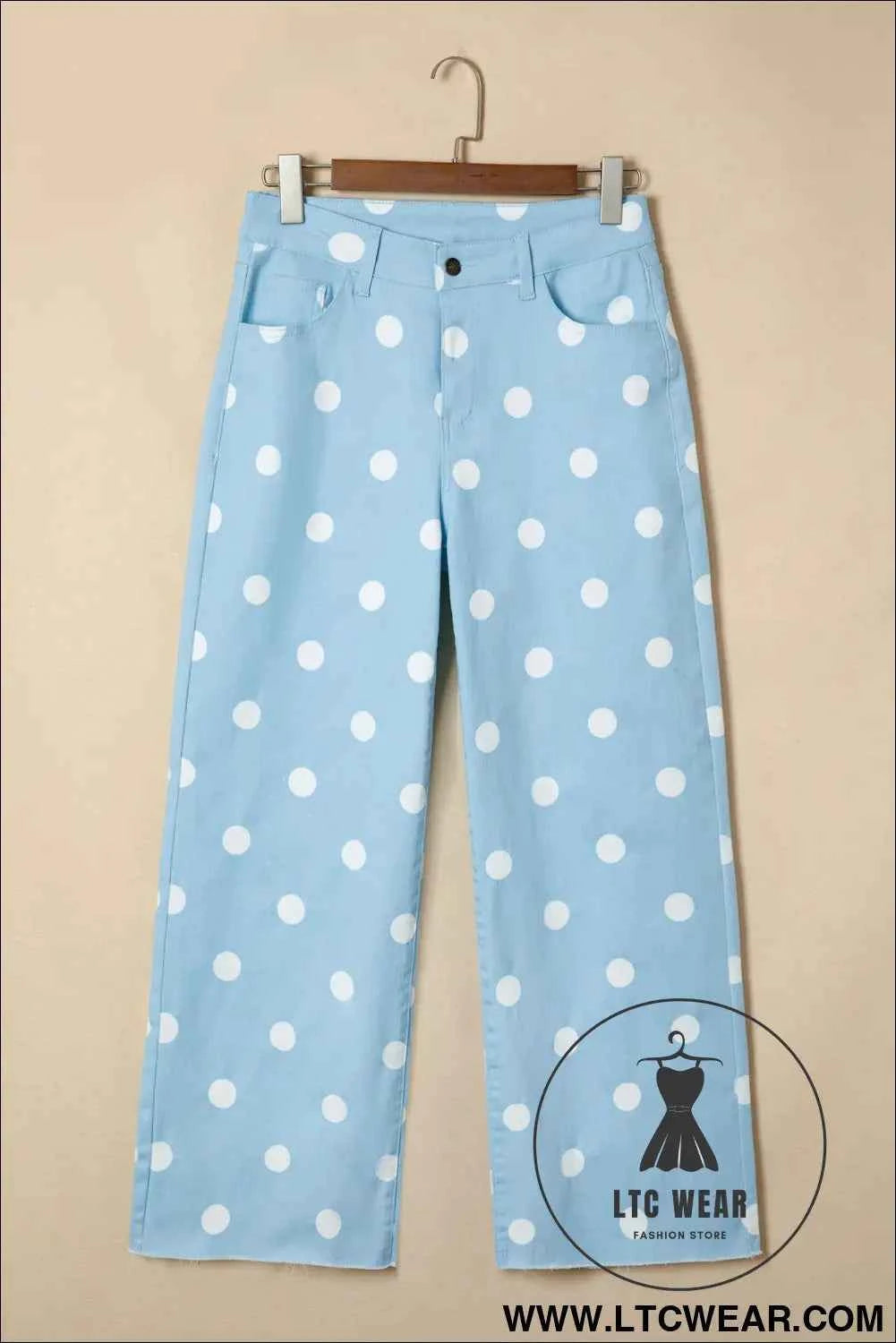Sky Blue Polka Dot Print Raw Hem Shift Jeans